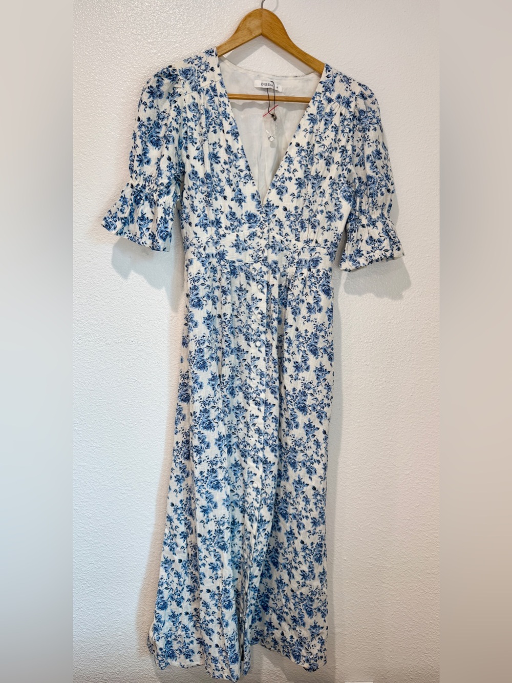 DISSH Blue Floral Button Up V Neck Maxi Dress Puff Sleeve Cottagecore Romantic 6 - Picture 1 of 8